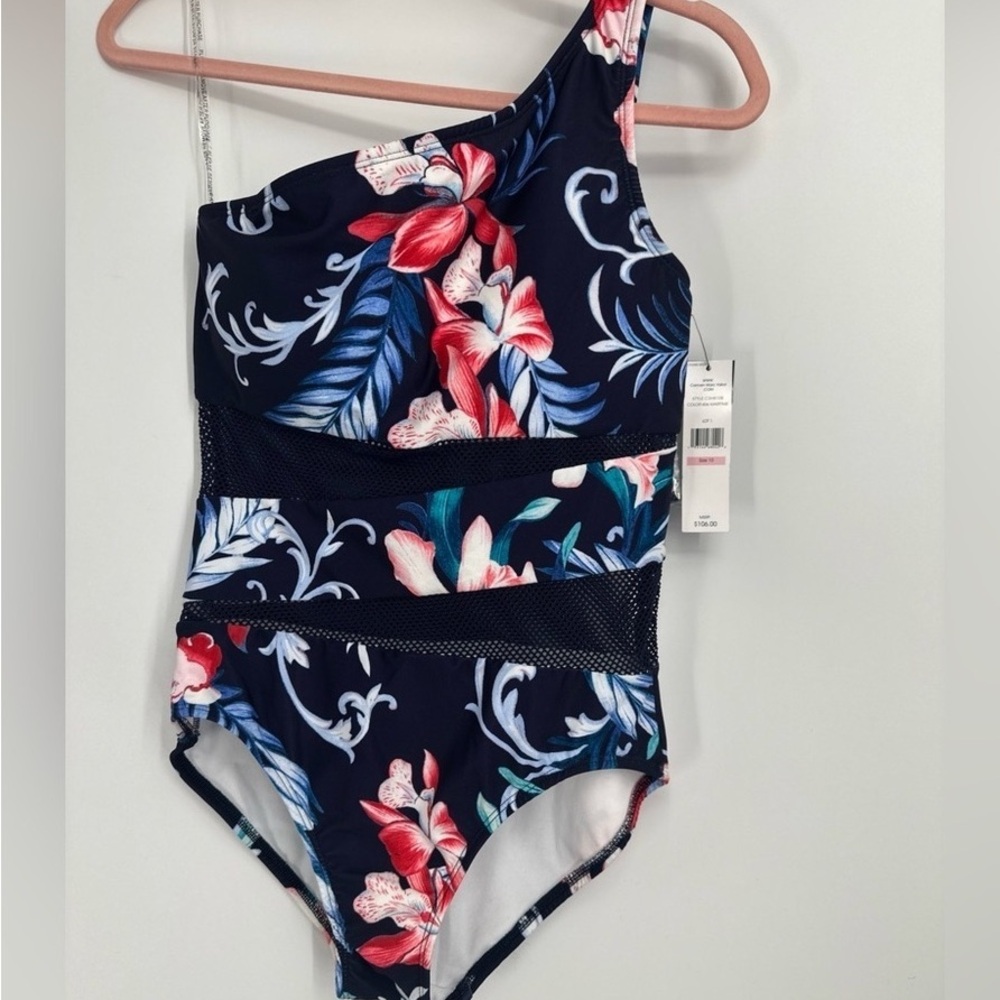 Carmen Marc Valvo Floral One-Shoulder Swim One Piece - Navy and Red